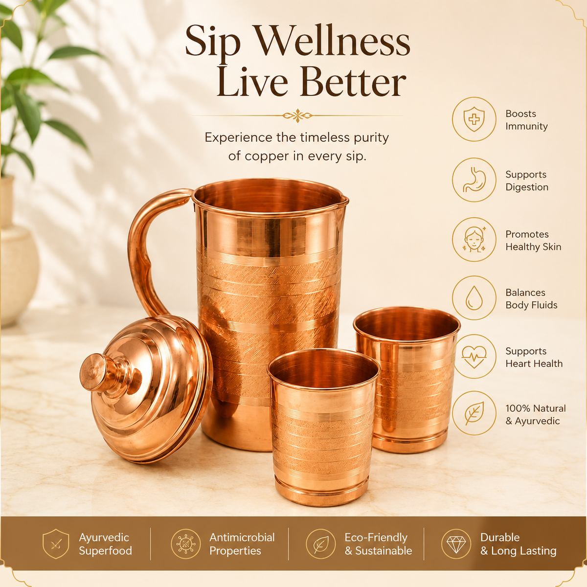 Copper Jug & Glass Set