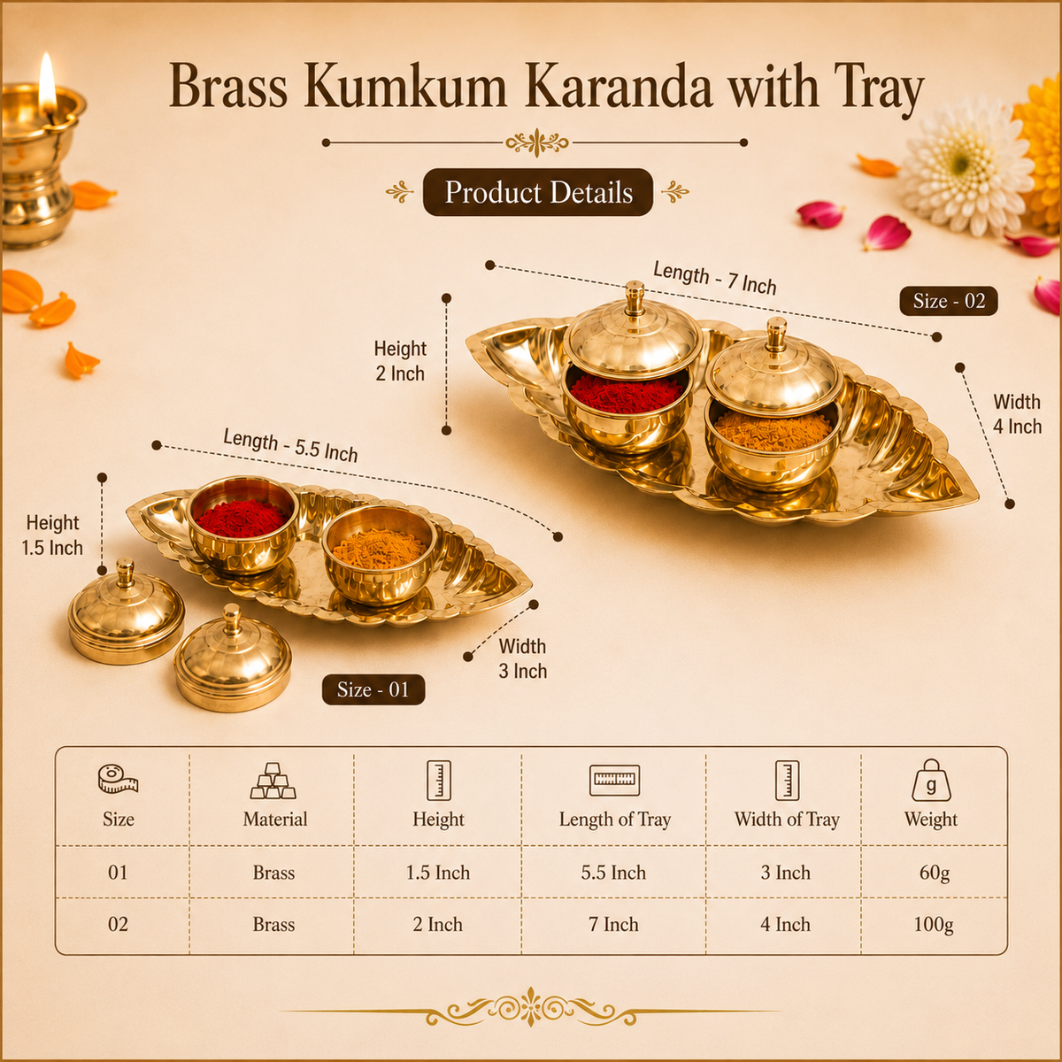 Brass Kumkum Karanda with Tray